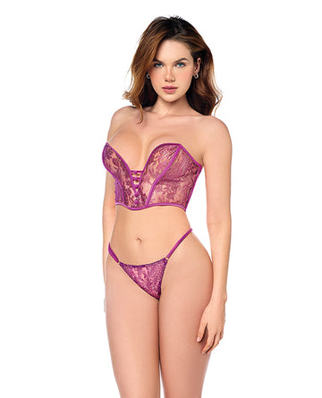 Mesh Bustier & G-String w/Adjustable Sides 2 pc Set - Pink L/XL