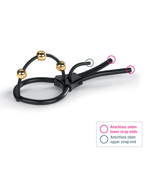 mystim-pearly-pete-corona-strap-wgold-balls-black image