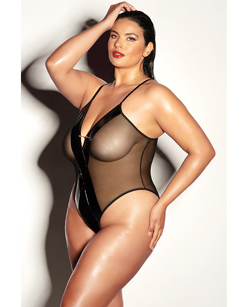 FETISH Finesse Soft Cup Vinyl & Mesh Teddy w/Barbell Black 1X/2X