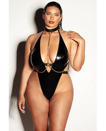 FETISH Submissive V-Plunge Vinyl Teddy w/Removable Chain Harness & Hand Cuff Black 1X/2X