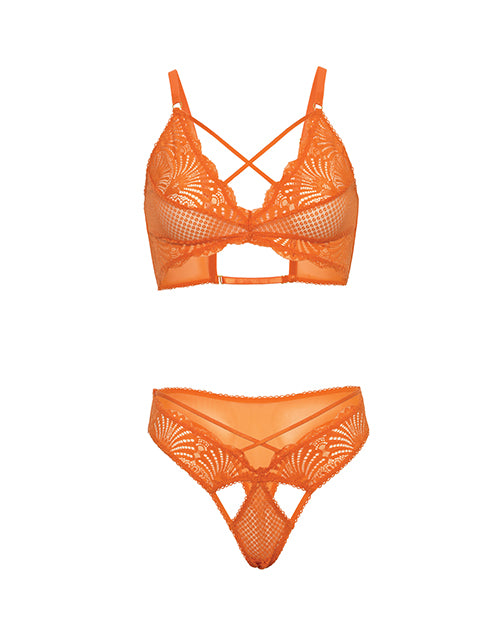 Amina Scallop Lace & Mesh Bralette w/Panty 2 pc Set - Dragon Fire Orange L/XL