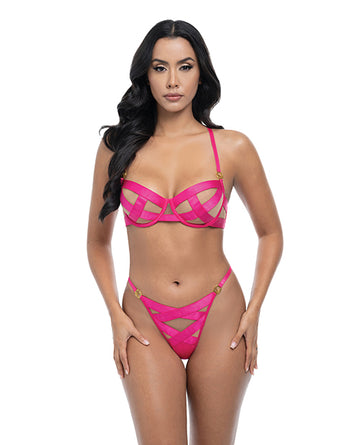 Raelynn Satin Strappy Underwire Bra w/G-String 2 pc Set - Pink Yarrow XL