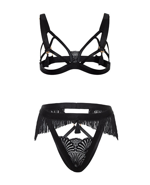 Annika Open Cup 2 pc Set w/Fringe and Tassel Detail - Black S/M
