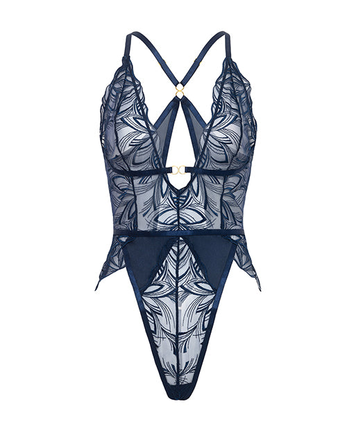 Davina V-Plunge Embroidered Teddy w/Double Ring Charm - Navy XL