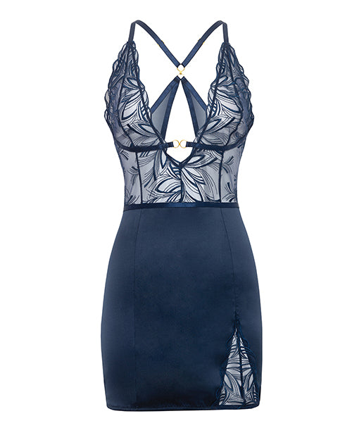 Davina V-Plunge Embroidered Babydoll w/Double Ring Charm - Navy XL