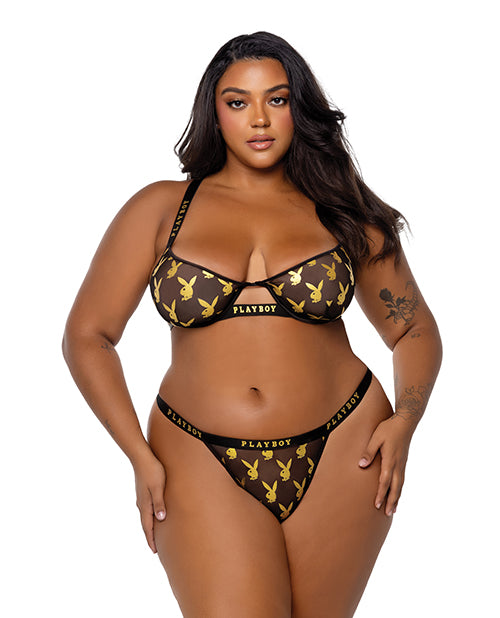 Playboy Gold Foil Mesh & Satin Bralette w/Thong 2 pc Set - Black/Gold 1X