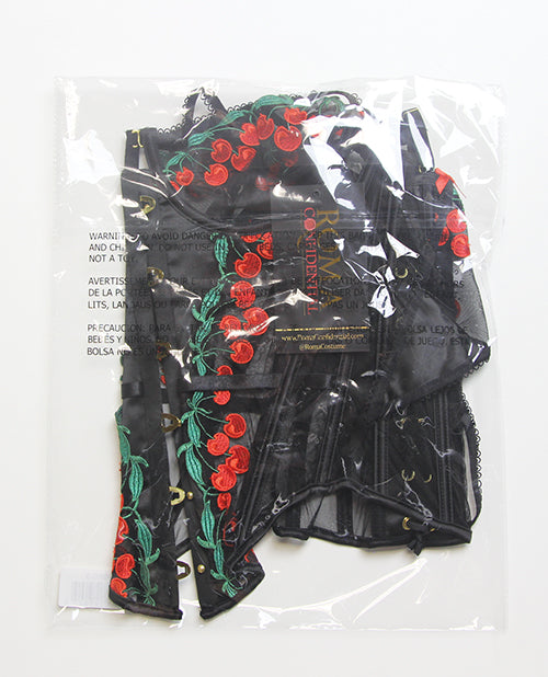 Cherry Delight Embroidered Underwire Corset w/G-String - Black 1X