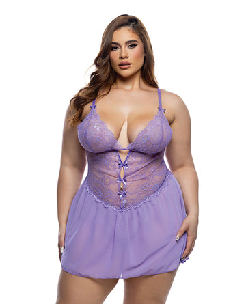 Paradise Dream Lace and Mesh Babydoll w/Thong - Lilac 1X/2X