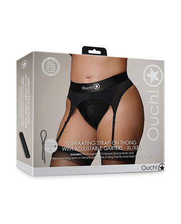 Shots Ouch Vibrating Strap On Thong w/Adjustable Garters - Black XL/XXL