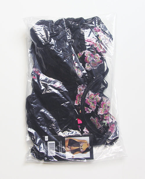 Floral Lace and Mesh Underwire Babydoll w/Open Back Panty 2 pc Set - Black/Pink LG