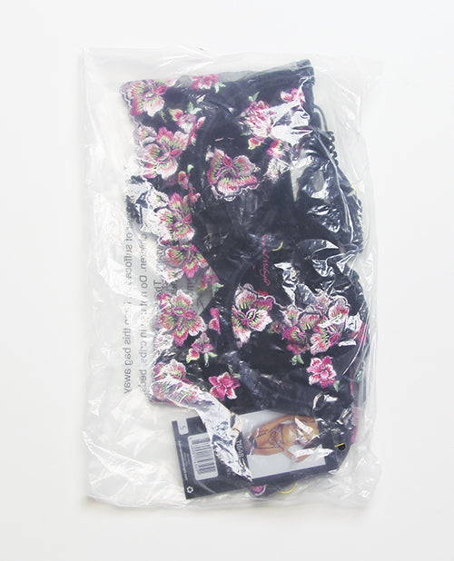 Floral Lace and Mesh Long Line Underwire Bra w/Garter & G-String - Black/Pink LG